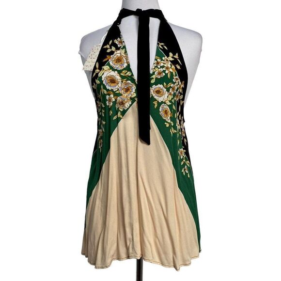 Free People Trapeze High Tie Neck Open V Mini Dress Top Multicolor Floral XS NEW - Picture 3 of 10